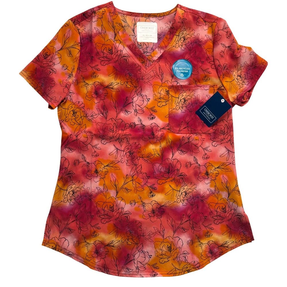 Cherokee Medical Uniforms Floral V-Neck Scrub Top Orange Pink XS NEW